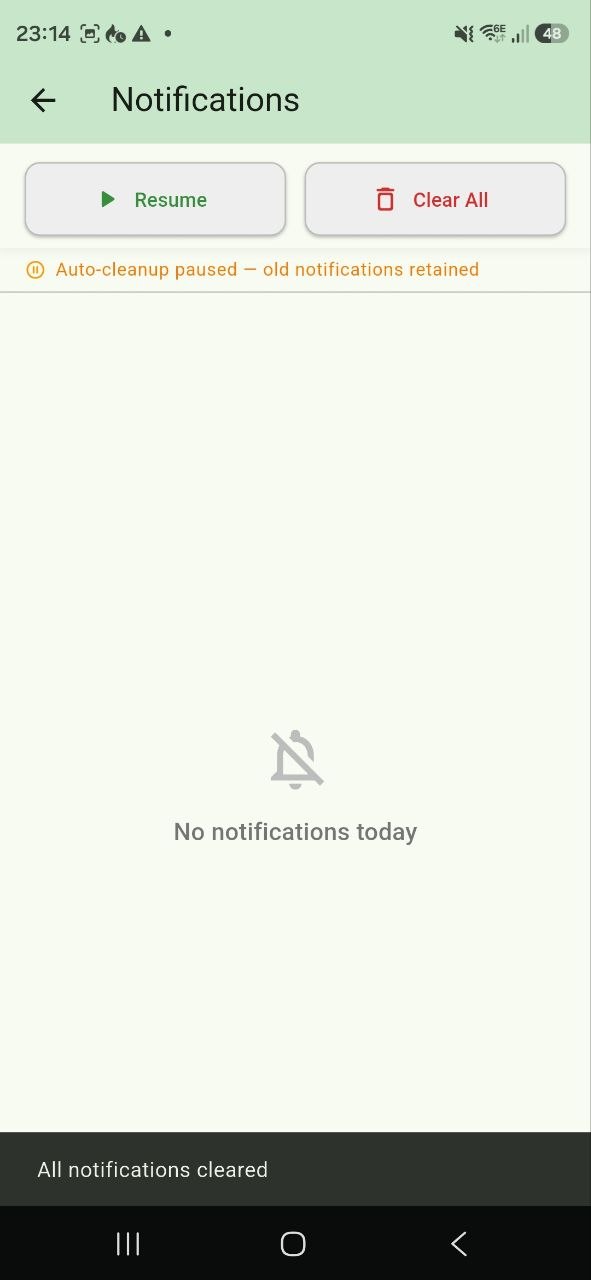 Push notifications raised today, with an automatic cleanup countdown and controls to pause, clear, or resume