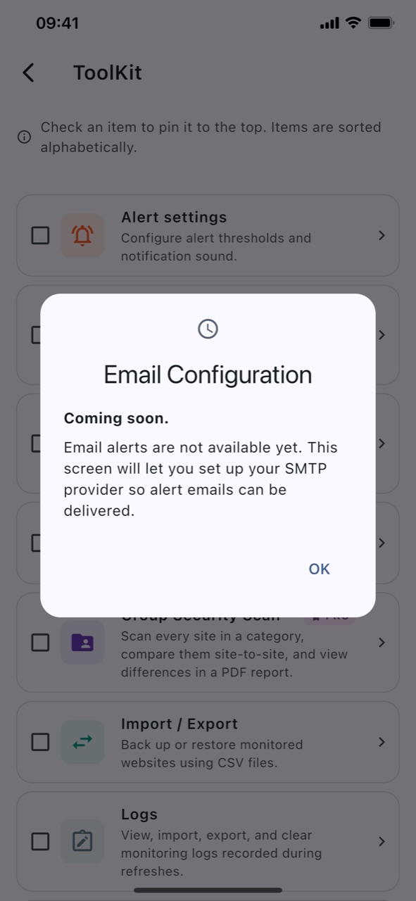 A Coming soon notice explaining that email alerts are on the way