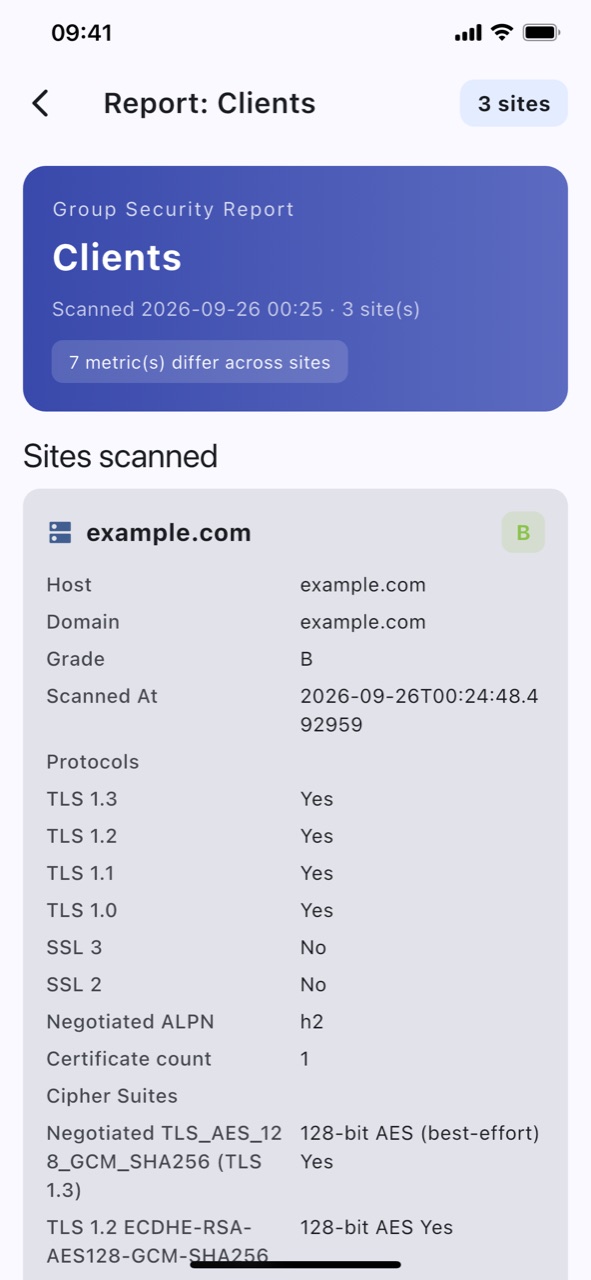 A group security report listing each scanned site with its security grade and the protocols it supports