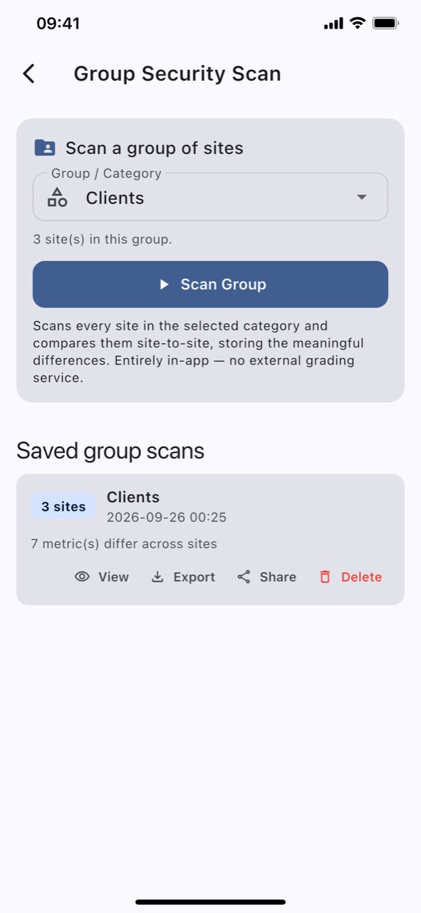 The BeyondSite group security scan screen with a category selected and a scan button, above a list of saved group scans