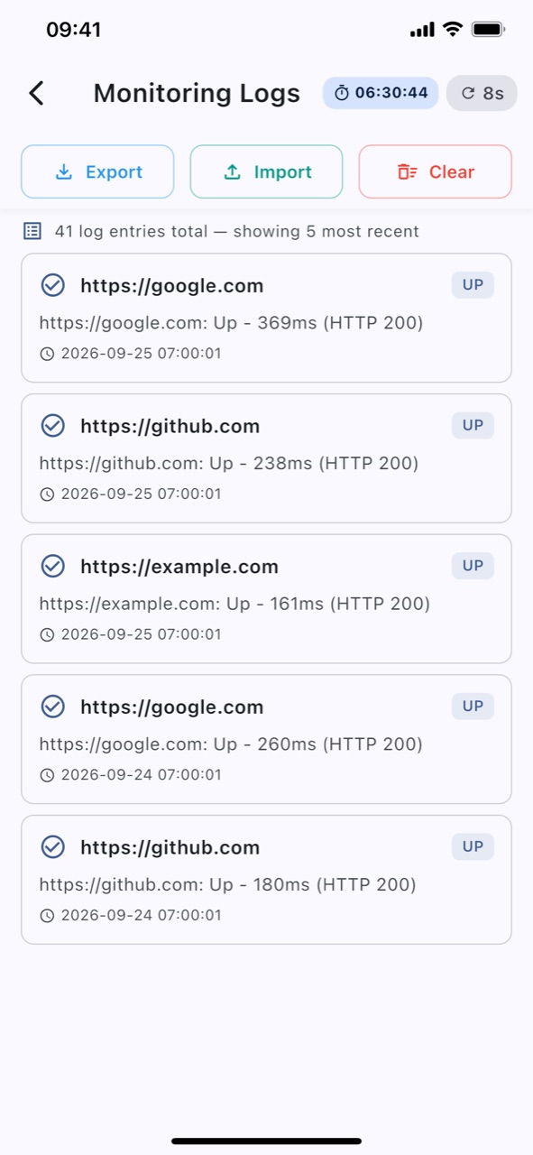 The total number of stored entries with the five most recent results listed below, each with its status and timestamp