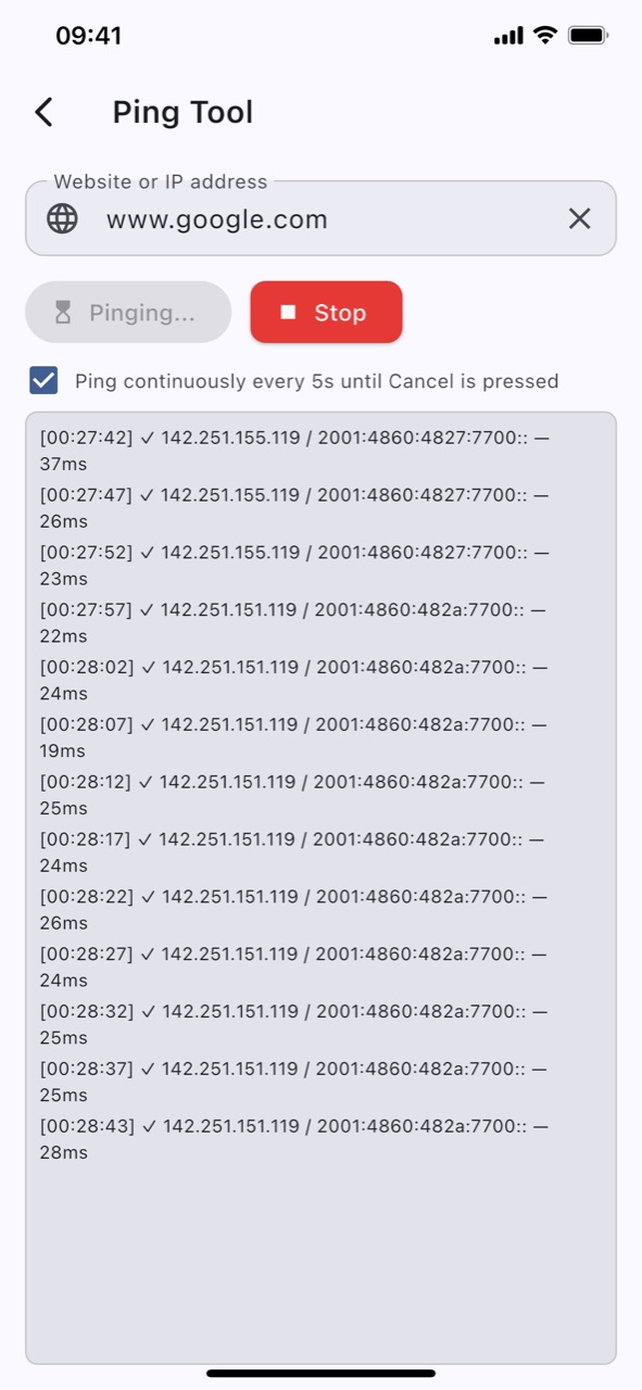 A continuous ping running against a host, showing each round-trip time in milliseconds, with the ping still in progress