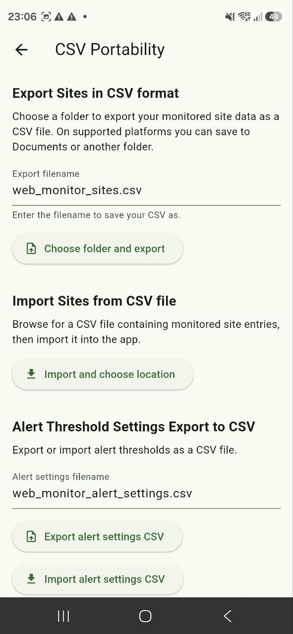 Controls to export or import monitored sites and alert settings as CSV
