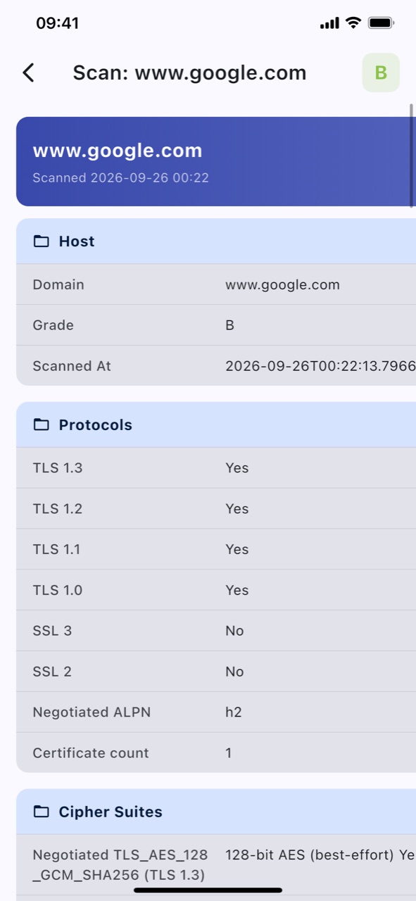 A finished deep security scan showing a grade of B, the TLS protocol versions the server supports, the negotiated cipher suite, and the certificate count