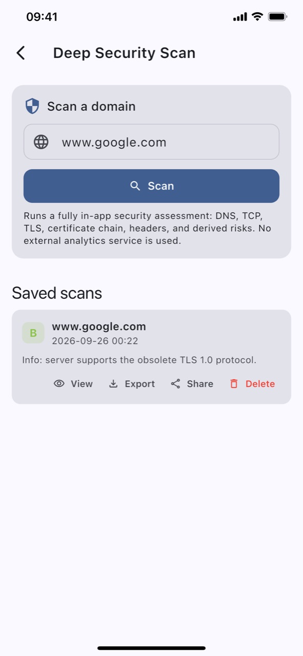 The BeyondSite deep security scan screen with a domain entered and a scan button, above a list of saved scans